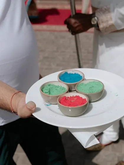 A close-up of the organic colors used for the Holi welcome. We pay attention to every detail, ensuring quality and safety for all guests.