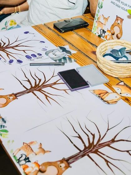 An interactive guest book idea for the woodland party, where guests can leave their thumbprints as leaves on a tree illustration.