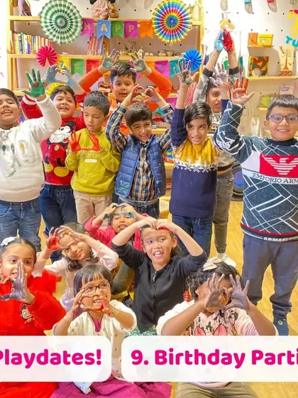A huge group of kids having a blast at a birthday party. We can host playdates and parties of all sizes, ensuring everyone has a fantastic time.