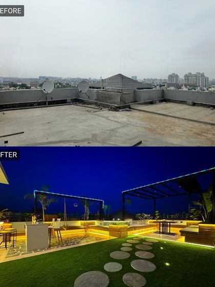A night view of the completed multi-pergola terrace. The before shot shows a bare rooftop, which is now a luxurious space with multiple zones for dining and lounging under the stars.