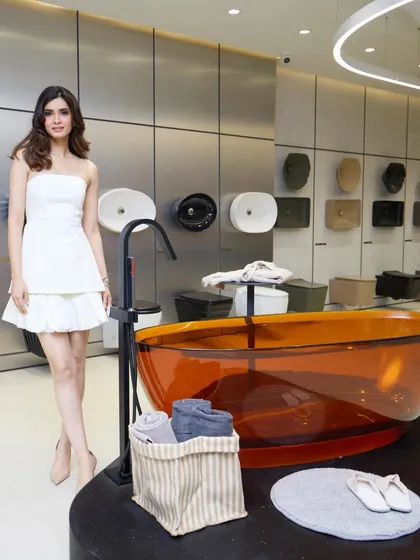 A shot of Diana Penty showcasing the luxury bathware. Our job is to seamlessly integrate the celebrity endorser with the product, creating aspirational lifestyle images.