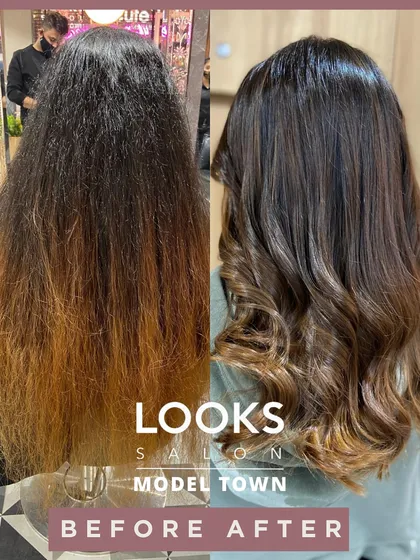 Another view of a dramatic color correction. This before-and-after shot highlights the journey from dry, uneven color to a seamless, rich balayage with a healthy shine.