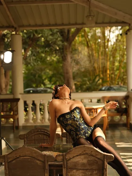 A moment of pure relaxation, where the glowing skin and effortless styling look both luxurious and natural.