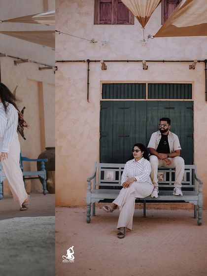 A collage capturing both a candid walking shot and a posed portrait from a stylish, rustic pre-wedding session.
