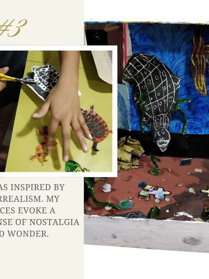 Our "Art Detective" series, where students create intricate shadow boxes inspired by a mystery artist. This clue focuses on creating narrative scenes within a box.