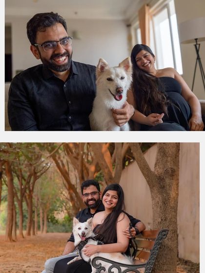 A beautiful outdoor portrait from a maternity session, with the couple and their dog Snowy sitting on a park bench surrounded by trees.