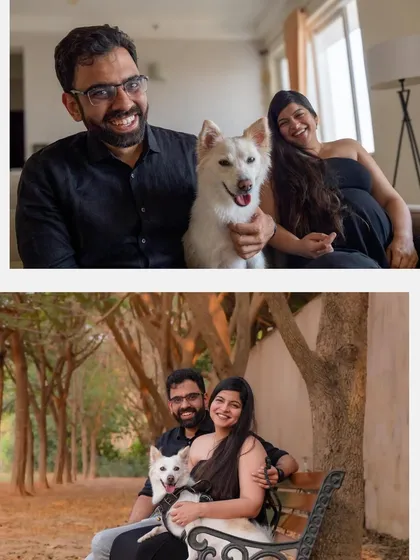 A beautiful outdoor portrait from a maternity session, with the couple and their dog Snowy sitting on a park bench surrounded by trees.