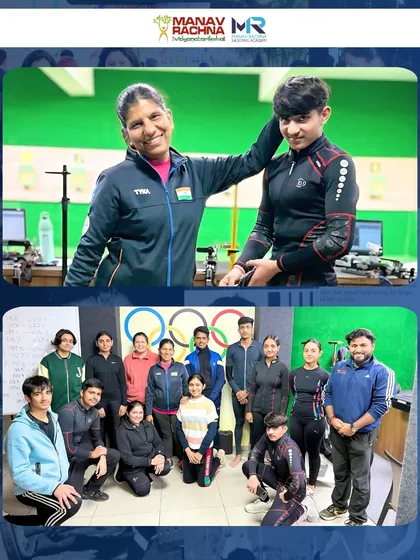 A group photo of our rifle shooters with Dronacharya Awardee Deepali Deshpande. These camps provide invaluable mentorship and build a strong sense of team camaraderie.