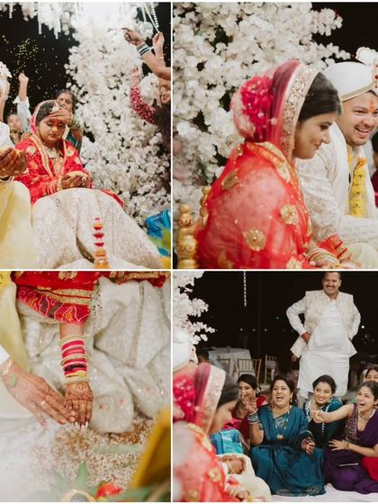 A collage of candid moments from the wedding ceremony. The laughter, the rituals, and the loving glances shared between the couple are the memories that will be cherished forever, all happening within a beautifully designed sacred space.