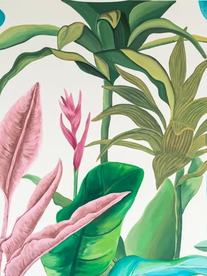 A close-up of the rich textures and colors of the hand-painted tropical leaves, showcasing the craftsmanship and detail that go into each piece.