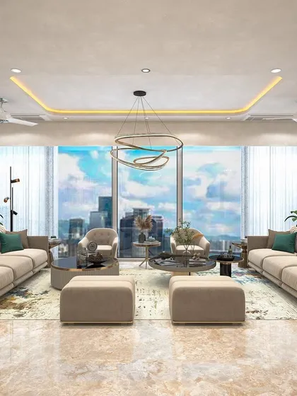 A render of a spacious living room designed to maximize its panoramic city views. The symmetrical furniture layout creates a formal yet comfortable setting, perfect for both relaxing and entertaining.
