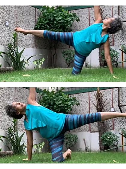 A two-part image showing the dynamic movement in a modified side plank, perfect for building strength before attempting the full pose.