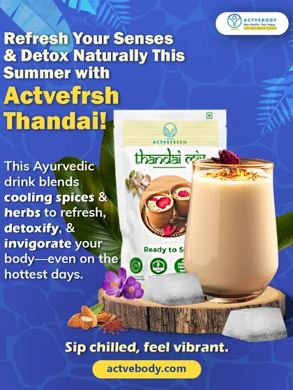 Refresh your senses and detox naturally this summer with Actvefrsh Thandai. This image of a chilled glass explains how this Ayurvedic drink blends cooling spices and herbs to invigorate your body.
