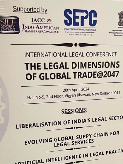 The conference banner for 'The Legal Dimensions of Global Trade @2047'. The sessions covered critical topics like the liberalization of India's legal sector and the role of AI in legal practice.