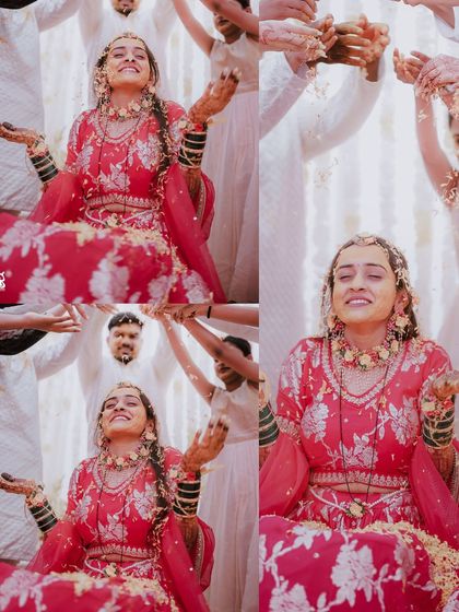 A collage capturing the bride's joyful expressions as she is showered with flower petals during her Haldi ceremony.