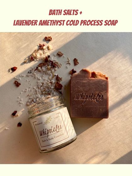 A perfect pairing for relaxation: our Lavender Amethyst Cold Process Soap and our floral Bath Salts.