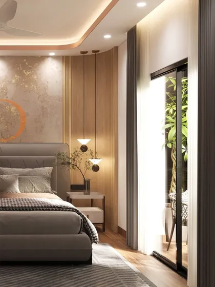 Another view of the Sobha City bedroom, showing the connection to the balcony and the warm, ambient glow created by the layered lighting design.