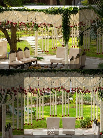 A collage showcasing the mandap design from different angles. You can see the seating arrangement for the couple and family, all framed by hanging floral strings and greenery-wrapped pillars.