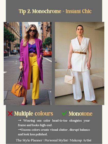 Tip 2: Go for monochrome. Wearing one color head-to-toe not only looks high-end but also elongates your frame. It's an instant recipe for chic.