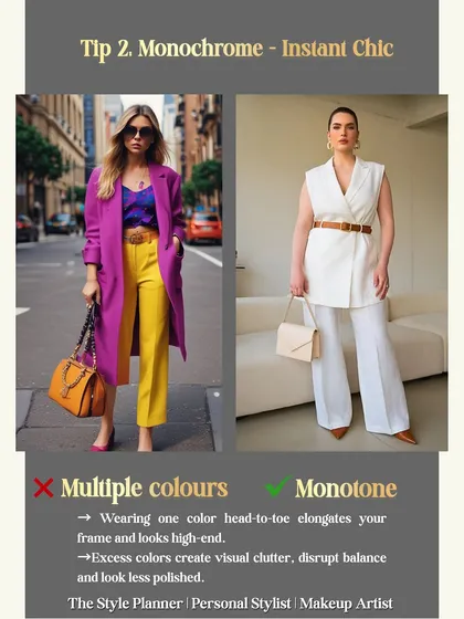 Tip 2: Go for monochrome. Wearing one color head-to-toe not only looks high-end but also elongates your frame. It's an instant recipe for chic.