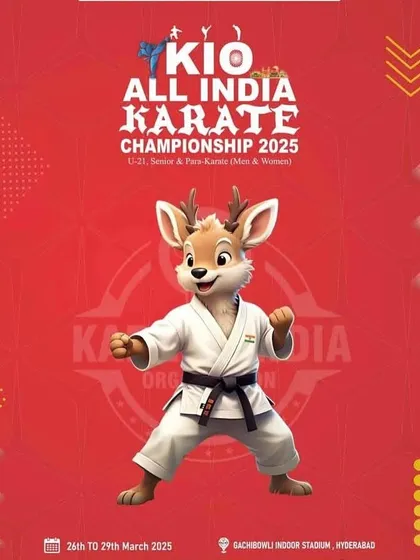 The official mascot and poster for the KIO All India Karate Championship in Hyderabad. We create a vibrant and engaging atmosphere for our events.