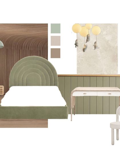 A mood board for a fun yet neutral kids' bedroom, focusing on softer forms like an arched headboard and rounded furniture.