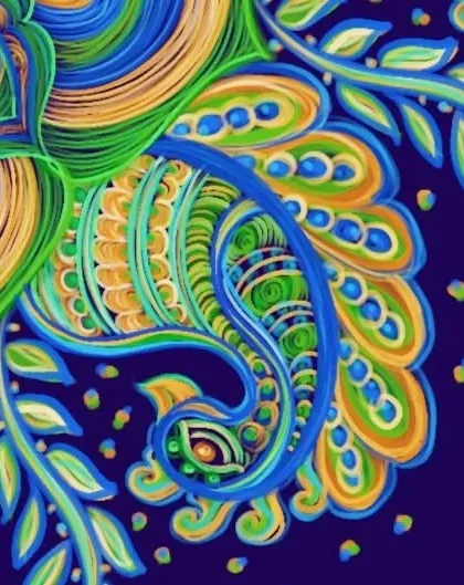 Here is a closer look at the details in my peacock-inspired art. I love getting lost in the layers of color and texture, creating these flowing patterns that mimic the beauty of a peacock's feather.