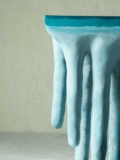 A close-up view of the Ice Bloom console's surface, showing the subtle color gradation we achieved with hand-poured pigments. Every detail was a challenge, but the final result is a piece that feels both powerful and delicate.