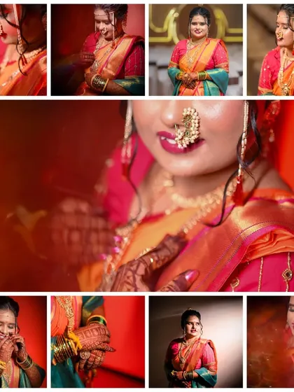 A collage of a beautiful bride against a vibrant red background, showcasing her stunning 'nath' and wedding jewelry.