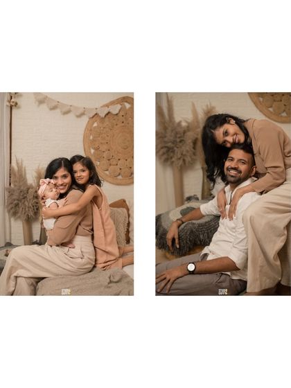 A diptych of portraits showing a mother with her two daughters and a loving moment between the parents.