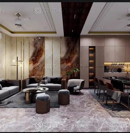 A wider view of the DLF lobby, showing the open-plan layout that connects the living and dining areas, perfect for modern family living and entertaining.