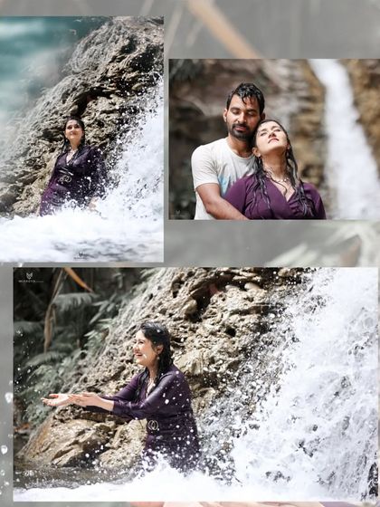 This collage shows the fun side of a waterfall shoot, with the couple splashing and enjoying the water.