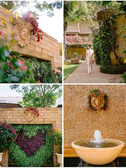 A collage of the beautiful, green, and floral details of the Della Resorts venue, setting a picturesque scene for the Mehendi.
