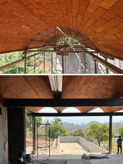 A look at the construction of the jack arch roof over the pool area at the Karjat residence. The upper image shows the formwork, while the lower one reveals the finished vaulted ceiling, blending traditional craft with modern design.