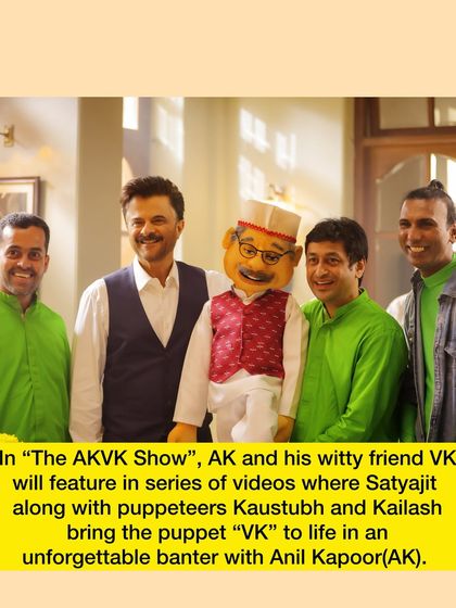 A behind-the-scenes group photo with Anil Kapoor and my team of puppeteers who helped bring VK to life. The green suits allow us to be digitally removed from the final shot.