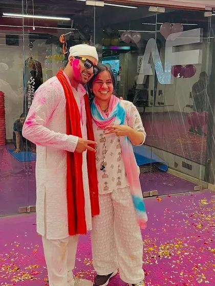 Another happy memory from the Holi party. The smiles and colors show just how much fun we have in our festive sessions.