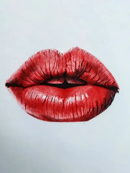 An experimental sketch of lips using red and green ballpoint pens. This study was about understanding how to create highlights and shadows with colored ink.