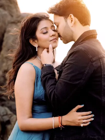 A close-up portrait filled with emotion, set against the beautiful backdrop of a Goa beach. We focus on capturing the deep connection and affection in our couple photography.