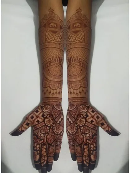 A collage showing a full bridal design and its beautiful stain progression. The pattern includes elephants, lotuses, and detailed finger work.