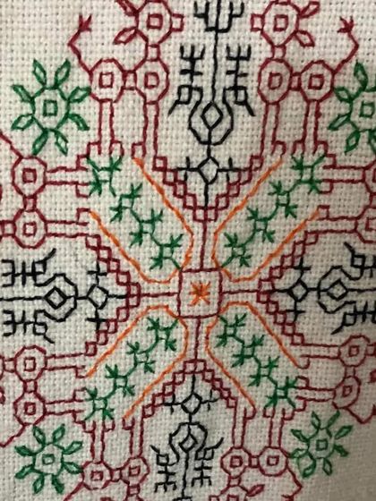 A close-up of a complex Kasuti motif. This design combines geometric shapes with stylized natural forms, showcasing the advanced techniques taught in my classes.