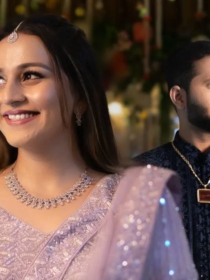 A candid shot of the couple, with the bride's radiant smile at the forefront. This double-exposure style portrait captures the energy of the celebration.