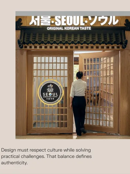 The entrance to Seoul Restaurant sets the stage for the entire dining narrative. We designed traditional latticed wooden doors under a classic tiled roof to create an authentic threshold, inviting guests to step out of the everyday and into a carefully crafted cultural experience.
