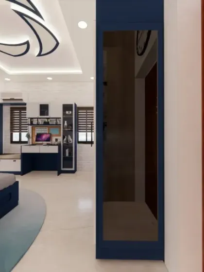 A view from the bed of the chess-themed room, showing the well-integrated study area.