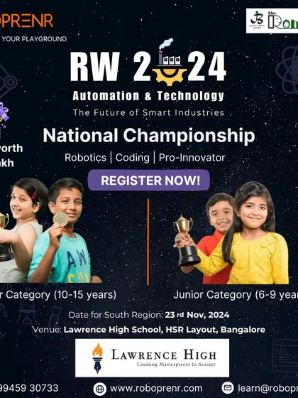 This poster for our RW 2024 National Championship invites junior and senior category students to register. The event, held in Bangalore, is a chance for young tech enthusiasts to compete, innovate, and win.