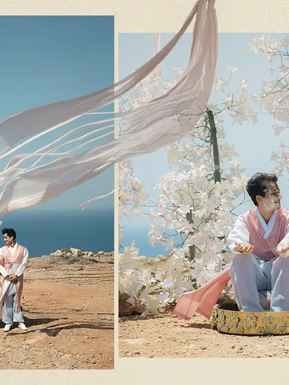 A diptych from Mia and Kavin's Vogue Singapore feature, blending a romantic couple portrait with an artistic shot of the groom, highlighting the editorial style of their Greek wedding.