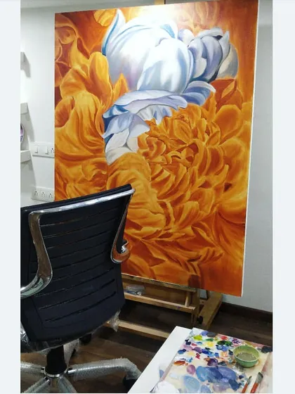 Making progress on this giant floral painting. The background colors are starting to come in, making the central bloom pop.