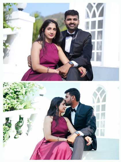 Two portraits from the same set, one formal and smiling at the camera, the other a more intimate and tender moment.