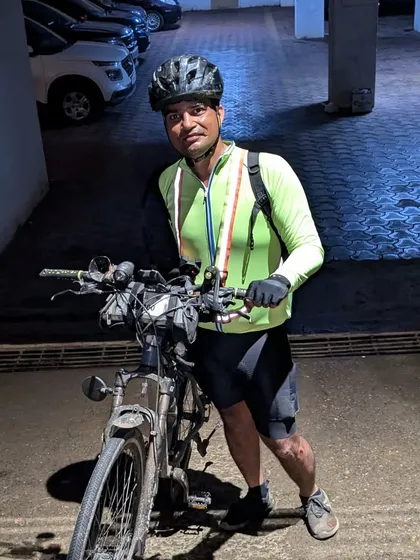 A rider ready for the night leg of the Kittur Express 1000K. Proper gear, including reflective vests and powerful lights, is essential for safety during our ultra-distance events.