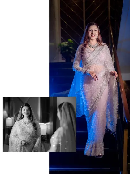 A collage showing the bride Jyoti getting ready, with a final shot of her descending the stairs. This tells a story of her transformation and grand entrance.