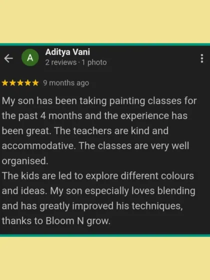 This parent notes their son's great improvement in blending techniques and his love for exploring colors. Our classes are organized to help kids explore different ideas and master specific skills.